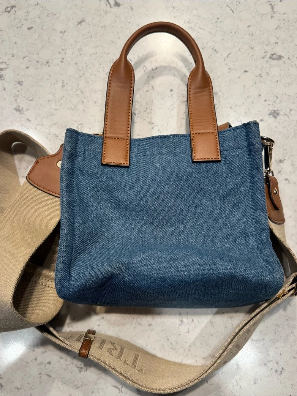 True Religion Blue Denim Mini Messenger with Brown Trim